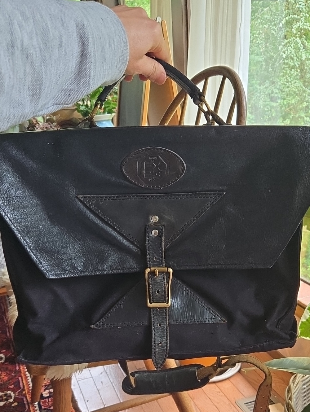 Vintage Black Leather-Trim Briefcase Bag - Made In NZ, EX23